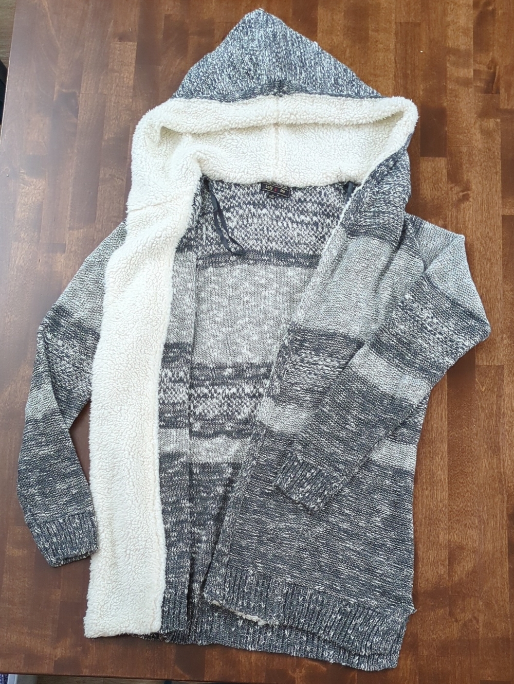 Hooded Open-Front Sherpa-Lined Cardigan - Gray